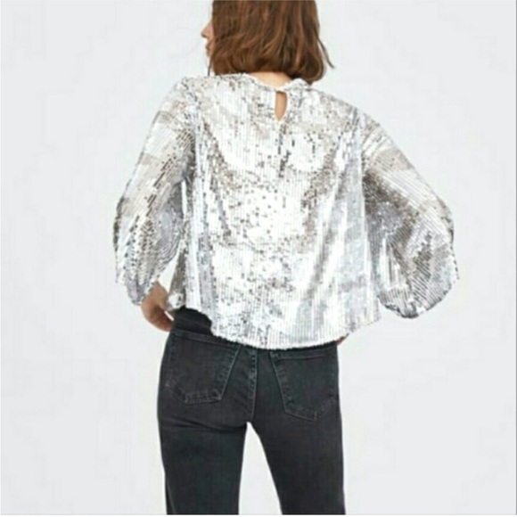 Zara trf collection Silver Sequins Disco Flowy Boho Blouse - Picture 4 of 16